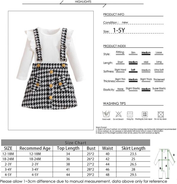 BENO TIGER Toddler Baby Girls Long Sleeve Skirt Set Solid Color Cotton Ribbed Shirt Top Plaid Suspender A-line Skirt Clothes Set - Image 9