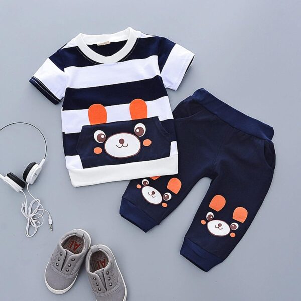 Children's Clothing Set Clothing Sets for Baby Boys Girls: Striped Print Cotton T-Shirt Top + Little Bear Printed Shorts Long Trousers Bloomers Trousers 2-Piece Clothing Set - Image 6