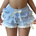 Women Lolita Layered Bloomers Short Lace Spliced Bow Elastic Waist Pajama Shorts Lounge Homewear - Image 2