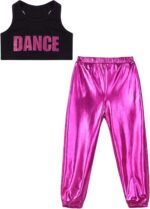 Freebily 2Pcs Girls Hip Hop Street Dance Clothes Set Crop Tank Top and Metallic Pants Stage Performance - Image 3