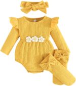 Kunyeah 3Pcs Baby Girl Outfits Infant Ruffle Romper Long Sleeve Bodysuit+Bow Hairband+Socks Newborn Flower Jumpsuit