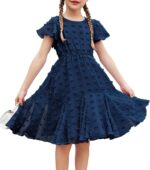 Flypigs Girls Dresses Short Sleeve Princess Dress for Girl A-line Elegant Party Wedding Dress Solid Color School Outfits Clothes for Kids Girls 3-12 Years