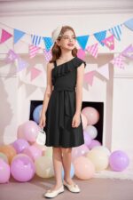 Arshiner Girls Dresses One-Shoulder Kids Dresses Summer Sleeveless Dress Ruffle Neck Elegant Party Festival Dresses Swing with Belt Dress for Girls 5-13 Years - Image 6