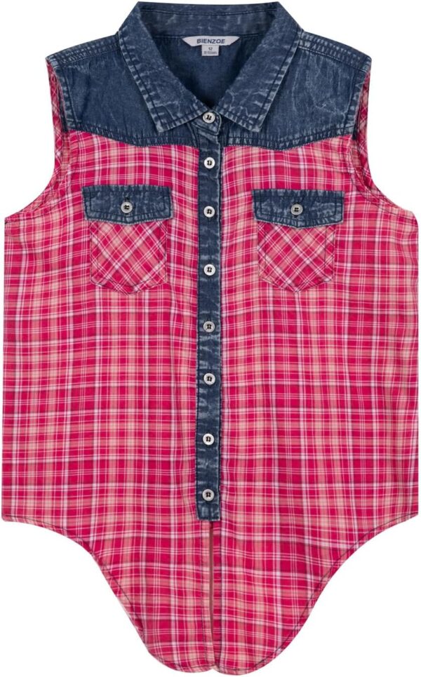 Bienzoe Girls Crop Tank Tops: Cowgirl Plaid Sleeveless Button Down Western Casual Blouse - Image 3