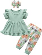 Toddler Baby Girl Clothes Solid Color Short Sleeve Ruffle Tops Flower Pants Outfits Sets