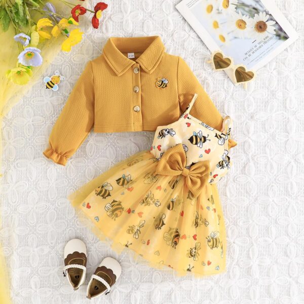Yanmucy Toddler Baby Girls Dress and Coat Set 2PCS Honeybee Print Tutu Dresses Long Sleeve Lapel Cardigan Baby Girl Clothes Outfits - Image 2