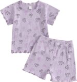 Geagodelia Kid Little Girl Summer Outfit Short Sleeve Bow Print Tops Pullover Elastic Ribbed Shorts Tracksuit Clothes 2Pcs Set