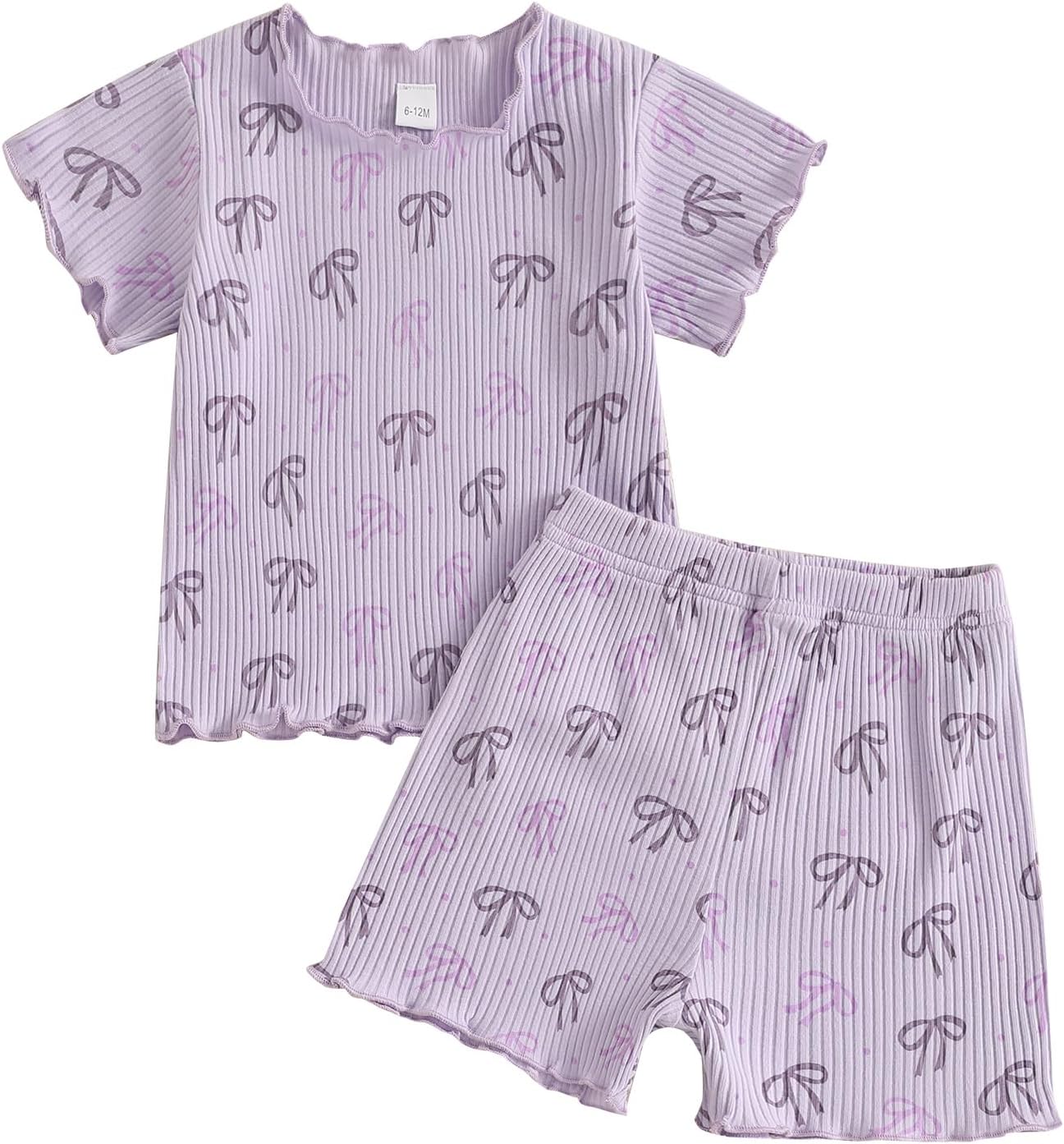 71rnmmAmkL._AC_SL1500_.jpg Geagodelia Kid Little Girl Summer Outfit Short Sleeve Bow Print Tops Pullover Elastic Ribbed Shorts Tracksuit Clothes 2Pcs Set - Image 1