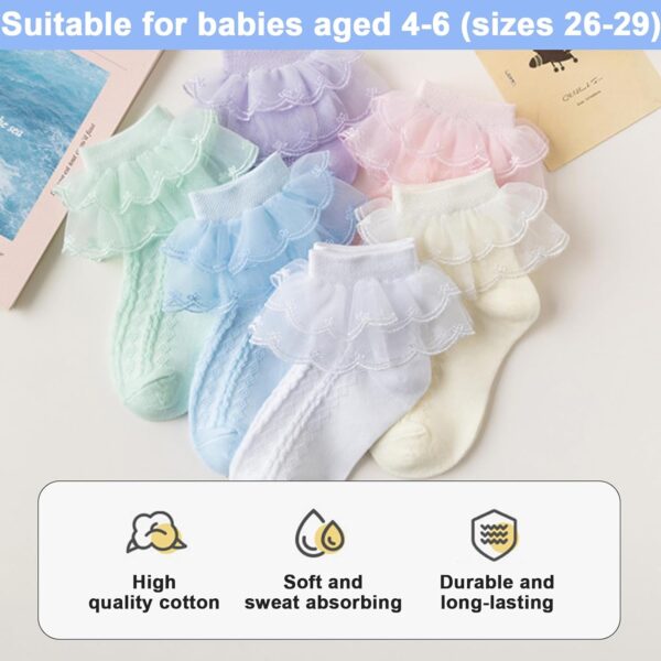 Elkuaie 6 Pairs of Girl Lace Cotton Ankle Socks, Cute Tassel Cotton Children's Ankle Socks, Suitable for Children Aged 4-6 Years Old (White+Pink+Yellow+Blue+Green+Purple) - Image 2