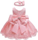 LZH Baby Girls Lace Embroidery Dress Bowknot Party Dress Bridesmaid Wedding Gown with Headwear