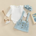Newbron Baby Girl Summer Outfits Ruffle Short Sleeve Ribbed Romper Suspender Skirt with Headband 3Pcs Clothes Set - Image 4