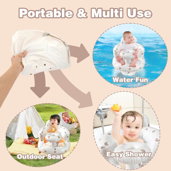 Inflatable Baby Seat for Babies 3-36 Months, Inflatable Baby Seat for Sitting Up, Blow Up Baby Floor Seat with Built in Air Pump，Baby Support Seat Shower Chair for Home (Bear Head with Tray) - Image 3