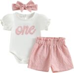 Baby Girl 1st Birthday Outfits Short Sleeve Romper Plaid Shorts Set Headband One Year Old Girl Birthday Outfits