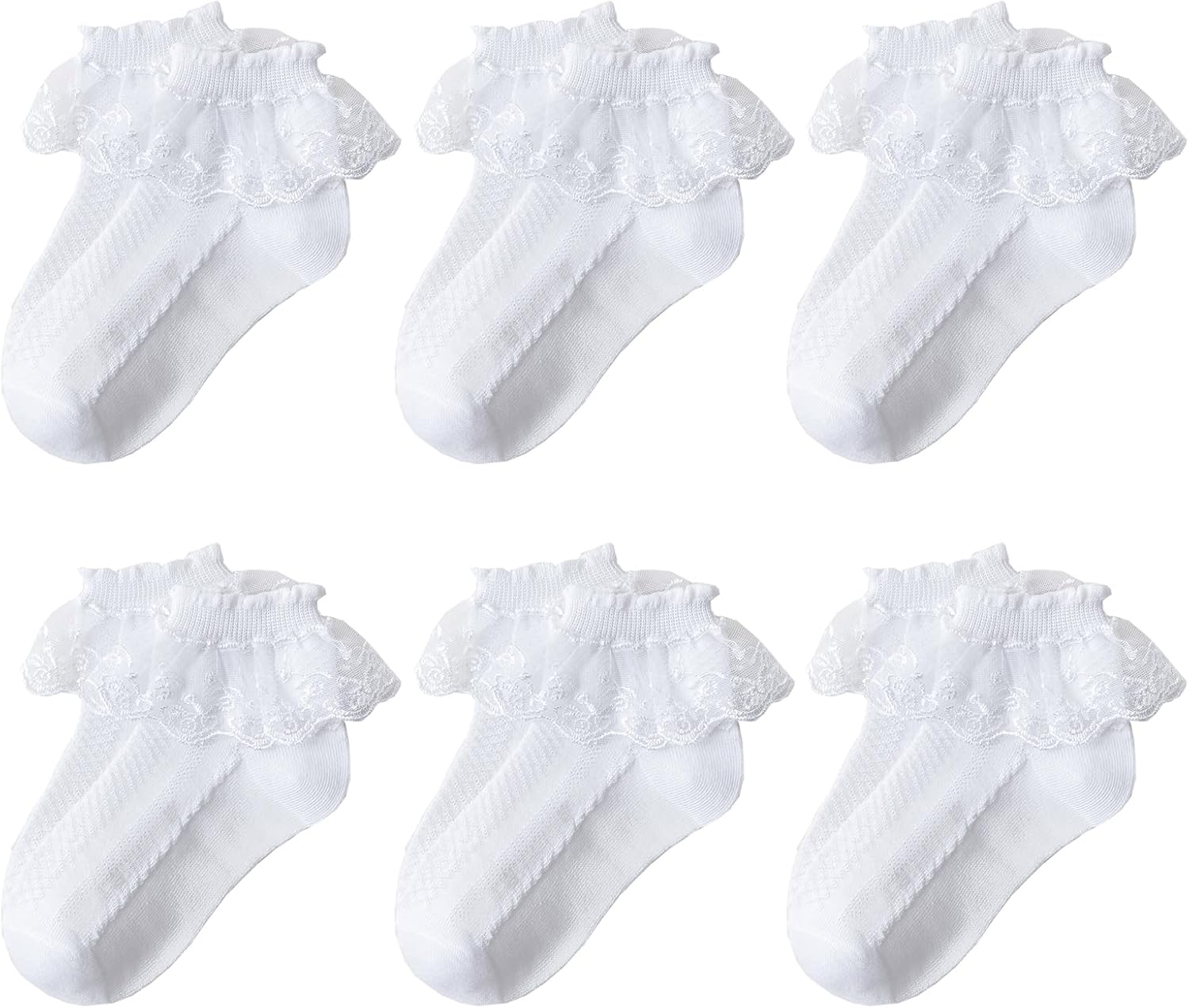 71sunDyCgL._AC_SL1500_.jpg 6 Pairs Girls Lace Socks,Baby Frilly Socks Ankle Socks,Children’s Frilly School Socks with Lace,White Ballet Ruffle Lace Socks - Image 1