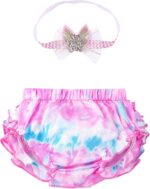 inlzdz Baby Girls Tie Dye Satin Ruffle Bow Bloomers Diaper Covers & Headband Set for Photography - Image 2
