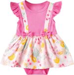 JiAmy Baby Girl Romper Dress Flowers Print Flutter Sleeve A Line Dresses Round Neck Ribbed Bow Clothes for Toddler