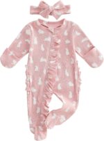 AliveBabe New Born Footed Romper Baby Girl Long Sleeve Round Neck Daisy Print Ruffled Full Length Jumpsuit With Headband Baby Clothing