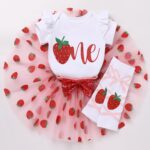 FYMNSI Baby Girls 1st Birthday Cake Smash Outfit Short Sleeve Romper Tutu Skirt Heabdand Leg Warmers 4pcs Set - Image 3