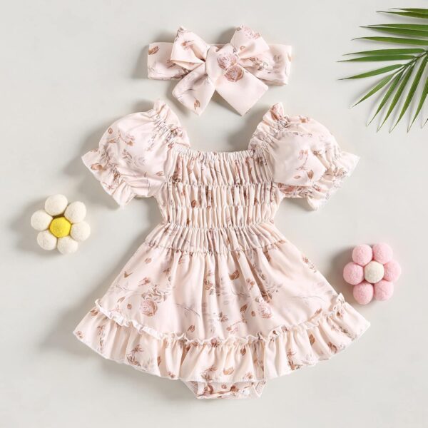 Newborn Baby Girl Romper Dress Puff Short Sleeve Ruched JUmpsuit Heanband Infant Summer Cute Clothes - Image 2