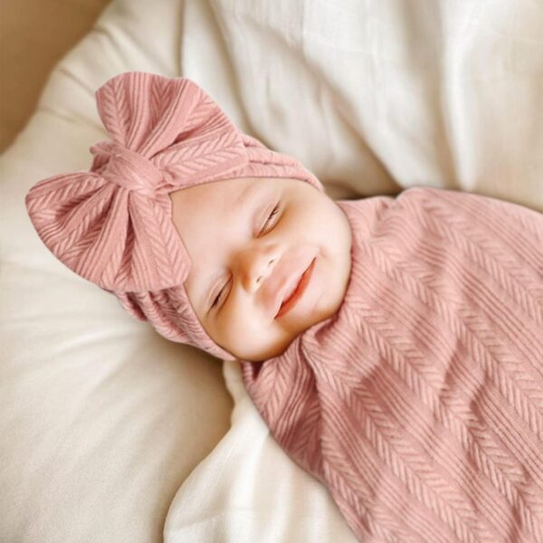 DRESHOW Newborn Baby Blanket Soft Swaddle Blankets for Infant Swaddling Receiving Warm Wraps with Bow Hat Headband - Image 2