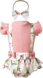 Newborn Baby Girls Summer Shorts Sets Ruffle Sleeve Shirt Top + Floral Suspender Shorts Bloomers + Headband Outfit
