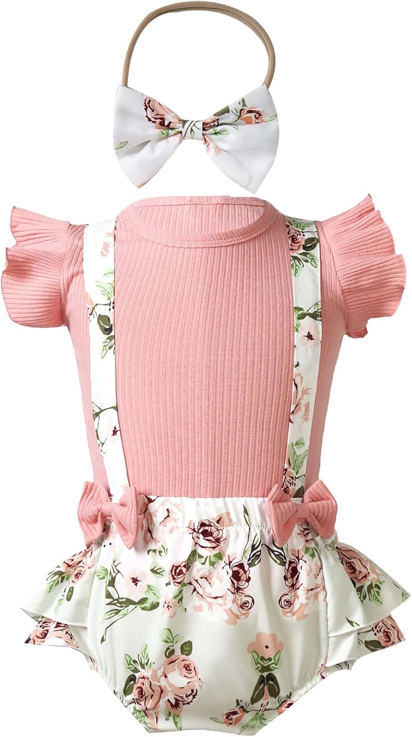 71v3RnnISOL._AC_SL1500_.jpg Newborn Baby Girls Summer Shorts Sets Ruffle Sleeve Shirt Top + Floral Suspender Shorts Bloomers + Headband Outfit - Image 1