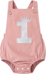 IBTOM CASTLE Baby Girls Boys One Letter Print Birthday Party Romper Overalls Cake Smash Corduroy Sleeveless Backless Bodysuit Photo Shoot Outfit