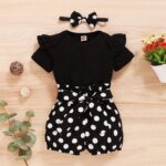 Newborn Baby Girl Set Ruffled Sleeve Romper Polka Dots Shorts Bloomers Bowknot Headband Boutique Clothes, Yxx017a-black, 0- 3 Months - Image 2