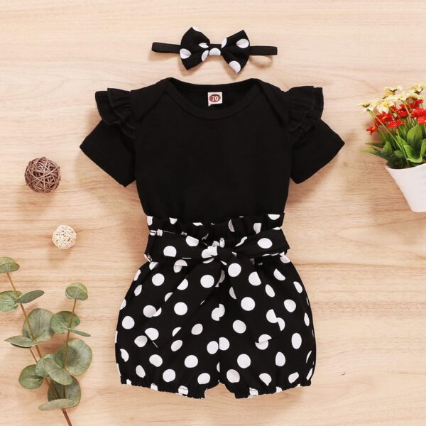 Newborn Baby Girl Set Ruffled Sleeve Romper Polka Dots Shorts Bloomers Bowknot Headband Boutique Clothes, Yxx017a-black, 0- 3 Months - Image 2