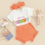 Newborn Infant Baby Girl Easter Outfit Short Sleeve Romper Bunny Shorts Bloomers with Headband Summer Set - Image 2