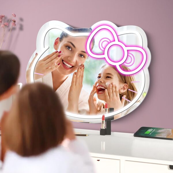inShareplus Anime Hello Kit Neon Sign Mirror Vanity, 14"x12" Cute Cat LED Neon Lights Gifts, 5V USB Dimmable Light Up Wall Mirror for Teen Girl Gift, Bedroom, Room Decor, Dressing Table - Image 5