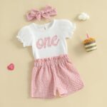 Baby Girl 1st Birthday Outfits Short Sleeve Romper Plaid Shorts Set Headband One Year Old Girl Birthday Outfits - Image 2