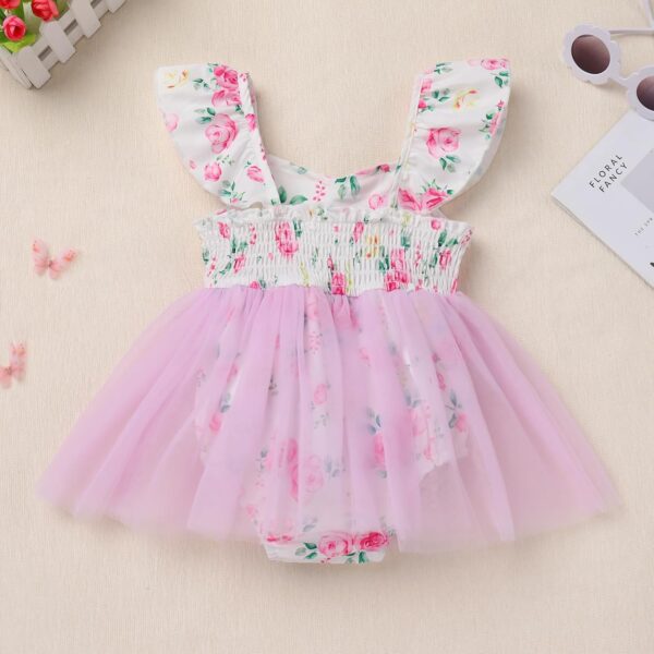 Baby Girl First Birthday Outfit Fly Sleeve Floral Printed Tutu Romper Dress with Bowknot Headband Set - Image 7