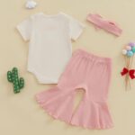 Baby Girl Summer Clothes Western Cowgirl Outfits Letter Print Short Sleeve Romper Flared Pant Bell-Bottom Bow Headband 3 Piece Set - Image 3