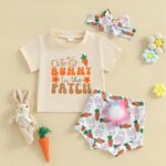 Dubute Easter Baby Girl Summer Outfits Bunny Print Short Sleeves T-Shirt + Bloomer Shorts + Headwear Clothes 3PCS Set - Image 3