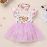 Baby Girl First Birthday Outfit Fly Sleeve Floral Printed Tutu Romper Dress with Bowknot Headband Set - Image 2