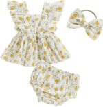 Baby Girl Summer Outfit Strawberry/Cherry/Lemon Smocked Tunic Tops Ruffle Bloomer Shorts Headband Cute 3Pcs Newborn Coming Home Summer Clothes 0-18M