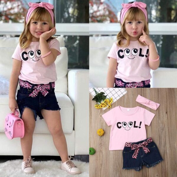 Baby Kid Girl Summer Letter Printed T Shirt Tops+ Jeans Shorts Bloomers +Headband 3 Pieces Set Outfit Clothes Set Cotton Elastic Loungewear Lounge Suit Sleepwear 1-5 Years - Image 2