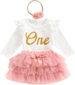Domisola Baby Girls My 1st Birthday Outfits Sleeveless Floral Lace Romper + Tutu Skirt + Headband Set