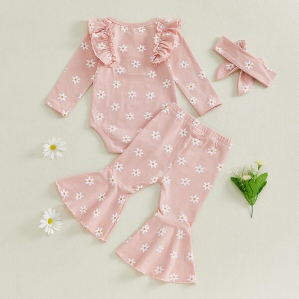 Himllauen Baby Girls Flower Print Outfit Baby Girls 3Pcs Long Sleeve Crew Neck Romper + Flared + Headband Sets for Baby Fall Winter - Image 7