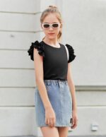 Arshiner Clothing Sets Girls Summer Solid Color T-Shirt with Shorts Outfit Children Cotton Ruffle Sleeve Clothing Set Leisure Fashion Two Piece Girl Clothes with Pocket 6-14 Years - Image 5