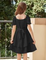 Arshiner Girls Summer Dress Puff Sleeves Chiffon Dress A-Line Tiered Dress Square Collar Children's Dress Swing Party Dresses with Belt 5-12 Years - Image 4
