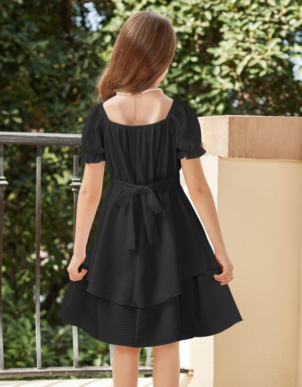 Arshiner Girls Summer Dress Puff Sleeves Chiffon Dress A-Line Tiered Dress Square Collar Children's Dress Swing Party Dresses with Belt 5-12 Years - Image 4