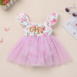 Baby Girl First Birthday Outfit Fly Sleeve Floral Printed Tutu Romper Dress with Bowknot Headband Set - Image 6