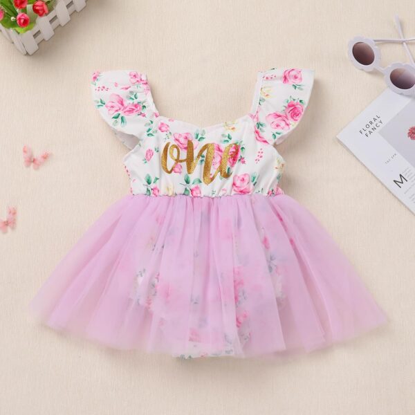 Baby Girl First Birthday Outfit Fly Sleeve Floral Printed Tutu Romper Dress with Bowknot Headband Set - Image 6
