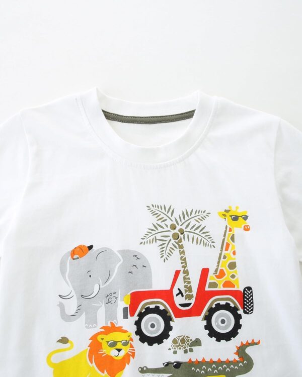 Kids Boys Summer Short Outfits Clothes Set Toddler Cool Dinosaur Digger Shark Animal Print Short Sleeve Cotton T-Shirt Tops and Shorts 2Pcs Crewneck Clothing Set Age 1-7 Years Old - Image 2