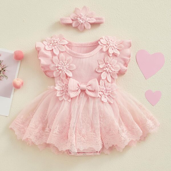 Baby Girl Lace Tulle Romper Tutu Dress Ruffle Sleeve Flowers Tie-Up Mesh Summer Overall Princess Party Dress with Headband 2Pcs Outfit - Image 2