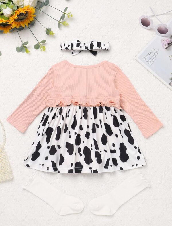 OMEWEE Baby Girl 1st Birthday Outfit Long Sleeve Romper Dress Floral/Cow/Candy Print Dress with Headband Socks 3PCS Spring Clothes Cake Smash Party Photograph - Image 2