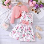 De feuilles Kids Toddler Girls Dress with Cardigan 2 Piece Outfits Set Floral Sleeveless Dress and Long Sleeve Ruffled Cardigan Bolero Shrug Coat - Image 2