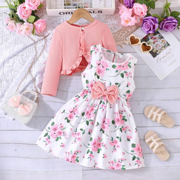 De feuilles Kids Toddler Girls Dress with Cardigan 2 Piece Outfits Set Floral Sleeveless Dress and Long Sleeve Ruffled Cardigan Bolero Shrug Coat - Image 2